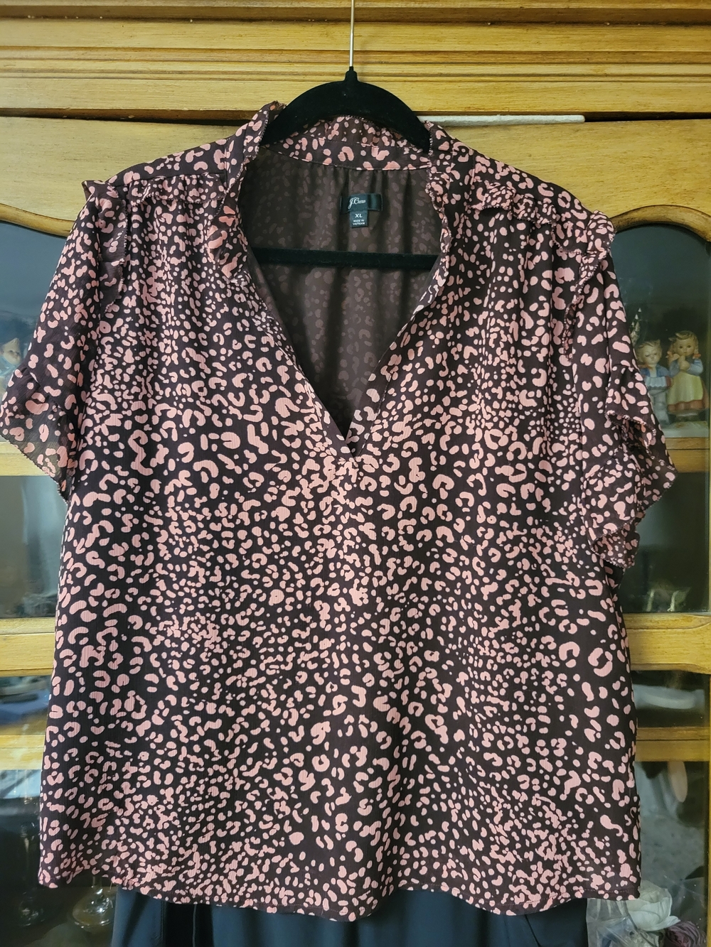 J. Crew Pink and Black Printed V-Neck Blouse